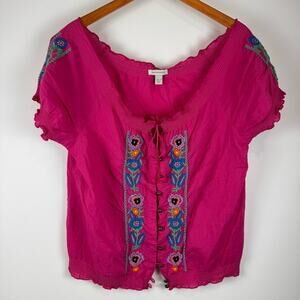 Boston Proper Blouse with Ruffled Elastic Short Sleeves and Embroidery ~ 10